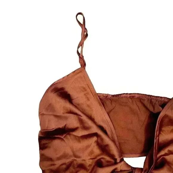Cider Women's Golden Brown Poly Satin Cross Front Adj Strap Tank Top w Back Bow - Picture 3 of 9
